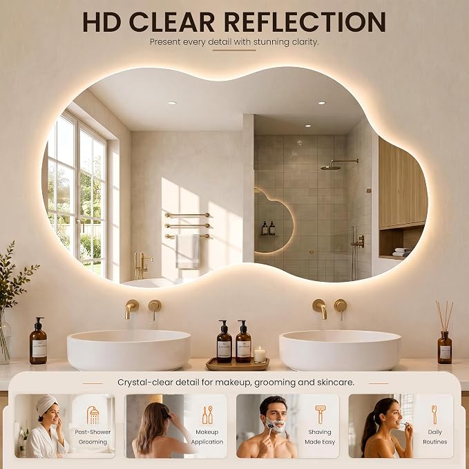 24" x 40" Irregular Backlit Bathroom Mirror, Anti-Fog | Tempered Glass, Cloud Shape, 3 Color Lighting, Stepless Dimming, Memory Function, HD Reflection, Wall Mounted