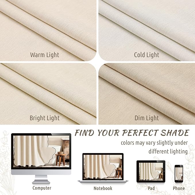 WONICY Boho Scalloped Shower Curtain with Hooks, Beige, 72 x 72 | Linen Look, Waterproof Polyester, 12 Plastic Hooks, Modern Farmhouse Style, Machine Washable, for Bathroom