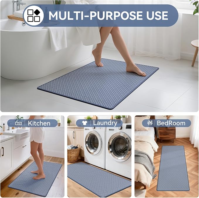 Bathroom Runner Non Slip, Foam Weave Texture Bath Mat, Blue 16x47 | Quick Dry, Rubber Backing, Long Absorbent Washable Bathroom Mats Fit Under Door for Bathroom Floor, Bathtub, Outside Shower