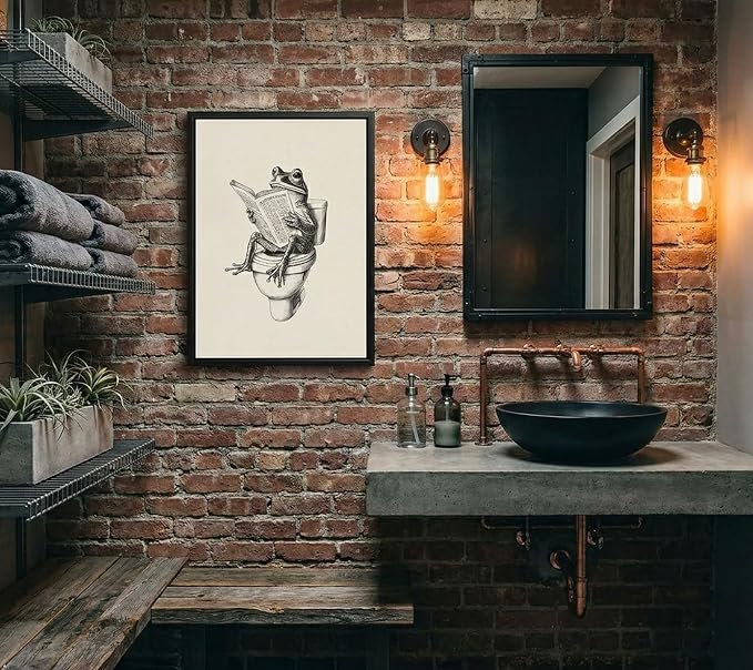 Black Floating Framed Funny Frog Bathroom Canvas Wall Art Humor Animal Painting Picture Wall Decor Frog on Toilet Reading Newspaper Poster Print Artwork for Bathroom Washroom Home Decoration 12x16in