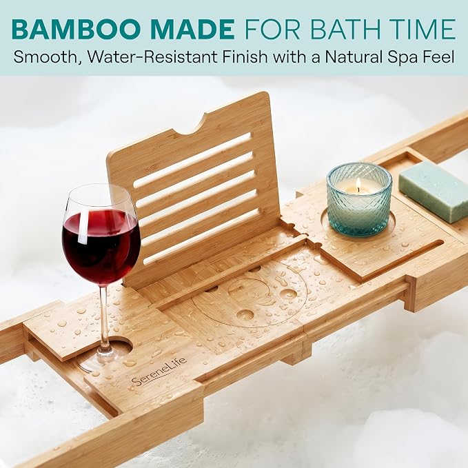 SereneLife 2 in 1 Bed and Bath Tray - Foldable Bamboo Bathtub Caddy with Adjustable Length, Non-Slip, Device Holder, Wine Glass Slot, Expandable for Comfortable Bathing, Natural, Folding Set
