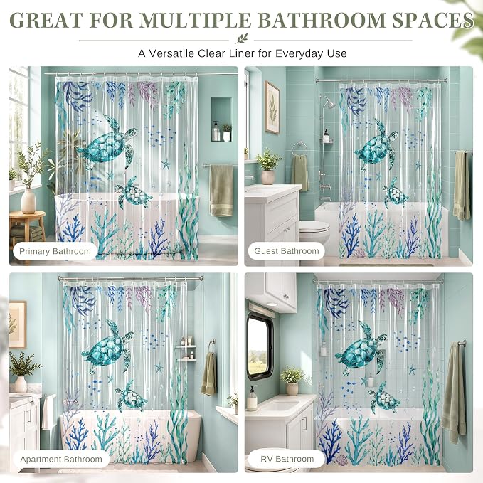 Clear Shower Curtain Liner, Sea Turtle Ocean PEVA, 72x72 Inch | Beach Coastal Waterproof Bath Plastic Shower Curtains Set with 3 Weighted Magnets and 12 Hooks for Bathroom Decor
