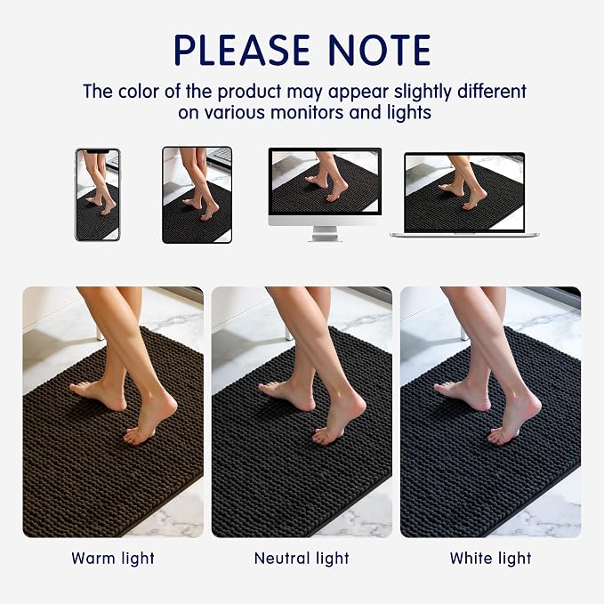 SUBRTEX Bathroom Rugs Chenille Bath Rug Soft Short Plush Bath Mat Soft Shower Mat Water Absorbent Shower Mat Quick Dry Machine Washable(Black,18" x 24")