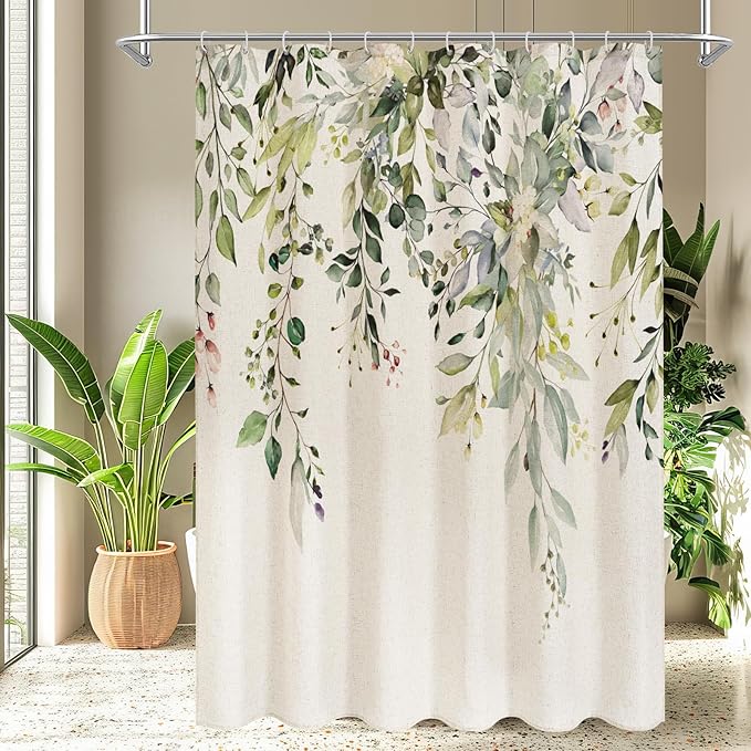 SageGreen Linen Eucalyptus Shower Curtain, Watercolor Floral, 72x78 | Watercolor Plant Leaves Floral Print, Polyester Linen Blend Bathroom Decor, Machine Washable, Rustproof Grommets