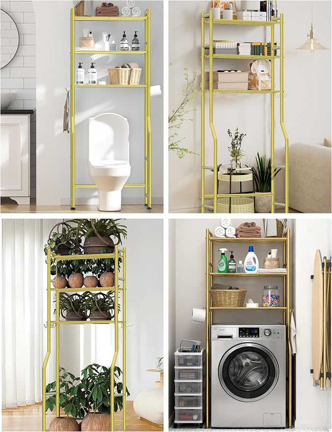 3-Tier Over Toilet Storage, Anti-Tilt, 64" H, Gold | Carbon Steel, 60lb Capacity, 26"L x 8.6"W x 64"H, Freestanding, 4 Hooks, No Drilling