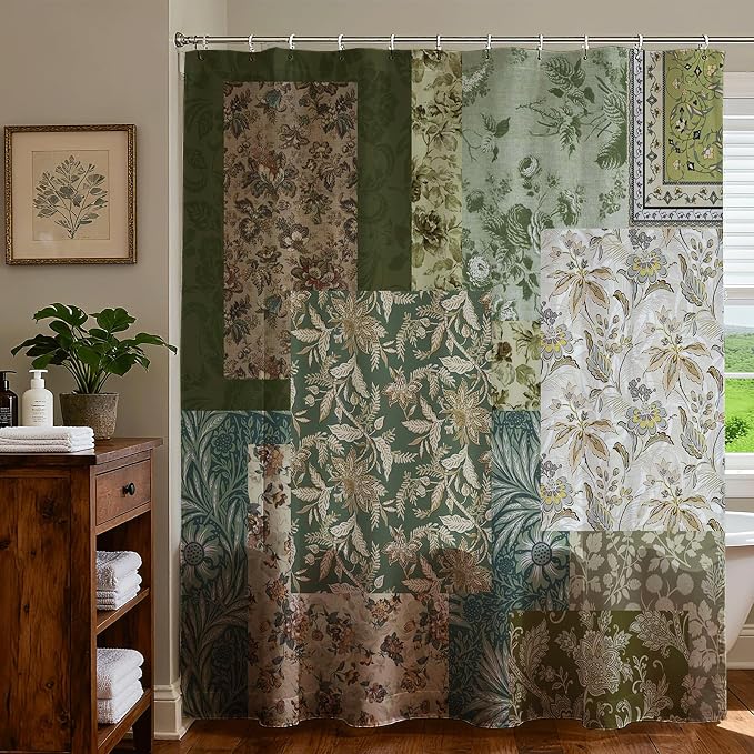 Mocsicka Vintage Boho Shower Curtain Green Retro Floral Shower Curtain for Boho Floral Bathroom Decor Waterproof Fabric Mid-Century Farmhouse Flowers Patchwork Bath Curtain, 72 X 72 Inch