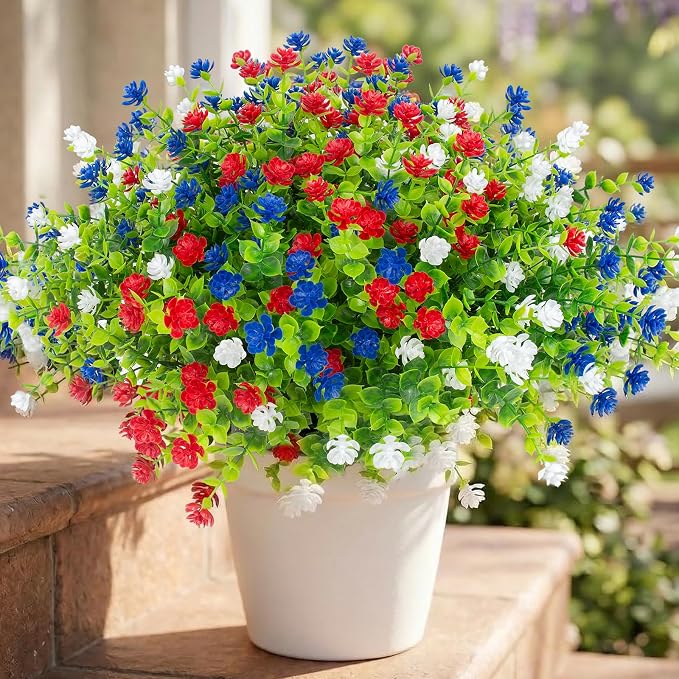 Hananona 48 Pcs Artificial Flowers Outdoor, Faux Artificial Plants UV Resistant Plastic Patriotic Flower Bulk for 4th of July Hanging Planter Porch Window Home Summer Decor (48, Red, White, Blue)
