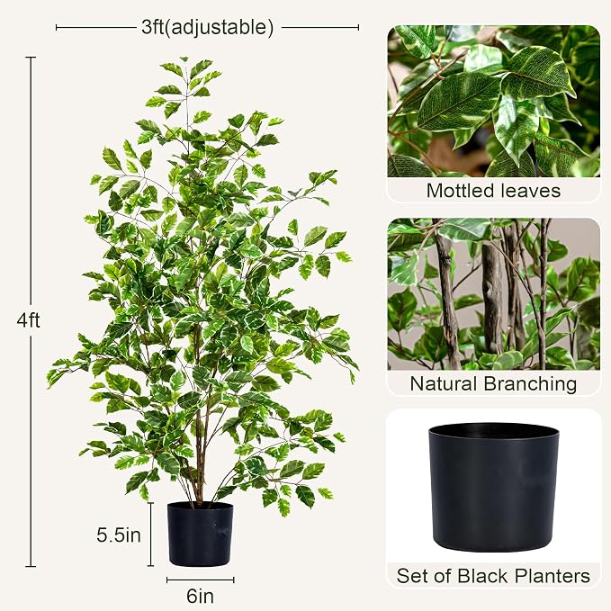 Bailikang Artificial Ficus Tree Indoor 4ft, Large Potted Faux Tree with Realistic Silk Leaves & Trunk for Home Office, Living Room Corner Decor