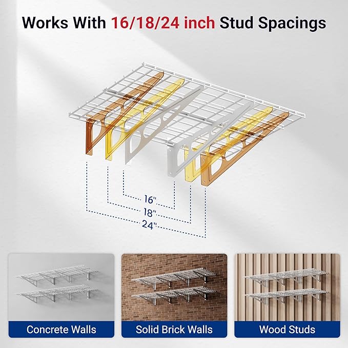 FLEXIMOUNTS 2-Pack 2x6ft Garage Shelving with Hooks, 1400lbs Load, White | 24"x72" Wall Shelf Garage Storage Rack Floating Shelves for Garage Workshop, Rustproof Seamless Grid Design, Classic Series
