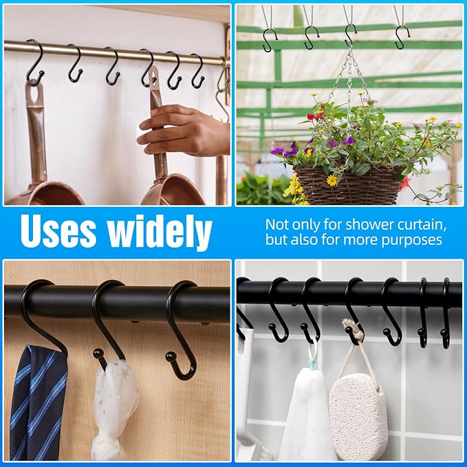 Shower Curtain Hooks, Metal Shower Hooks for Shower Curtain Rod, Rust Proof Metal Shower Curtain Rings, Decorative S Shower Hook (24PCS Black)