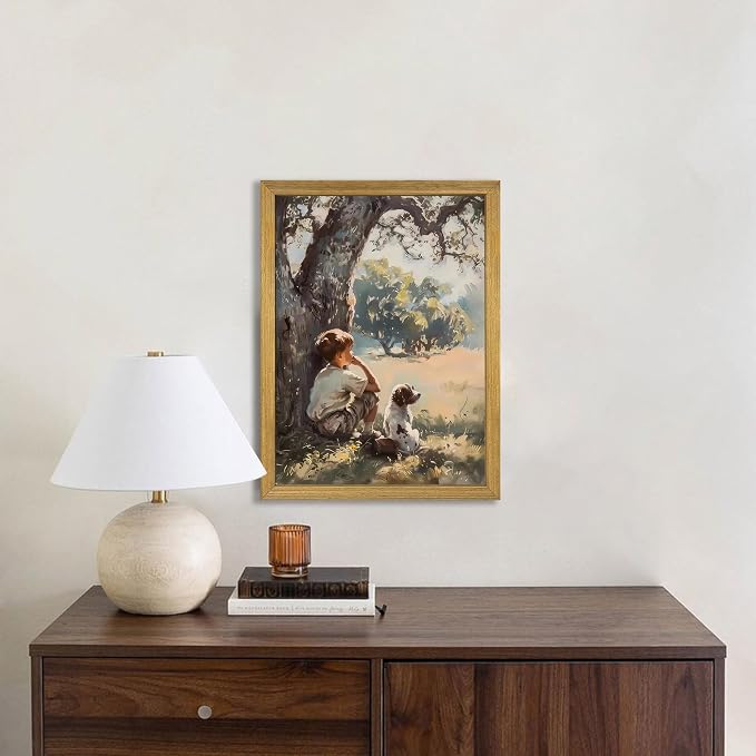 Wood Framed Canvas Wall Art, Vintage Boy and Dog Painting Poster, Countryside Pastoral Landscape Print Picture, Rustic Farmhouse Wall Decor for Living Room Bedroom Nursery 16x24 inch