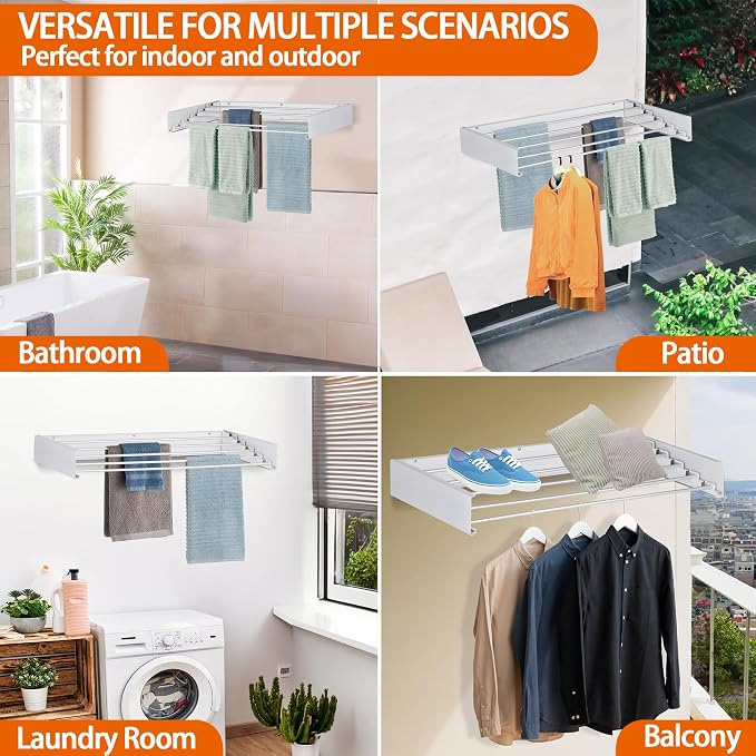 Laundry Drying Rack Wall Mounted Clothes Drying Rack Collapsible with 5 Aluminum Rods and Drilling Template Long Screwdriver Bit 60 lbs Capacity (White, 31.5")