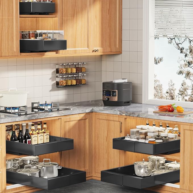 Seinloes 4 Pack Expandable Pull Out Cabinet Organizer 21" Deep With Raising Pad for Framed Cabinets,Upgrade 3 Slide Rails Slide Out Drawers,No Drill Roll Out Shelves,Adjustable Width 9"-14" Black