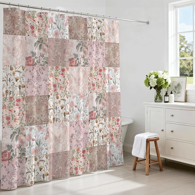 Shower Curtains for Bathroom, Boho Shower Curtain, Vintage Boho Pink Floral Bathroom Decor Bath Curtain, Mid Century Waterproof Retro Farmhouse Patchwork Floral Shower Curtain, 72 X 72 Inches