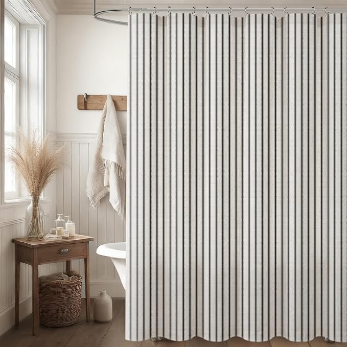 Farmhouse Striped Shower Curtain Black Vintage Linen Curtain 72"W X 72"L | Striped Shower Curtains with Linen Texture for Bathroom Decor