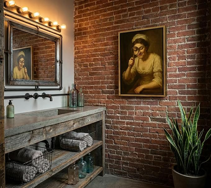 Floating Framed Funny Parody Bathroom Canvas Wall Art, Woman with Magnifier Painting Picture Wall Decor, Vintage Humor Victorian Poster Print Artwork for Toilet, Restroom, Home Decoration 8x10in