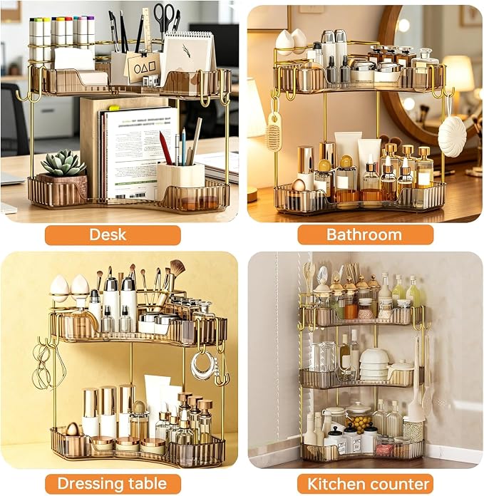 2-Tier Corner Bathroom Counter Organizer,Makeup & Skincare Shelf with Built-in Brush Holder,Space-Saving Bathroom Countertop Organizer for Skincare, Perfume, Cosmetics(Amber)