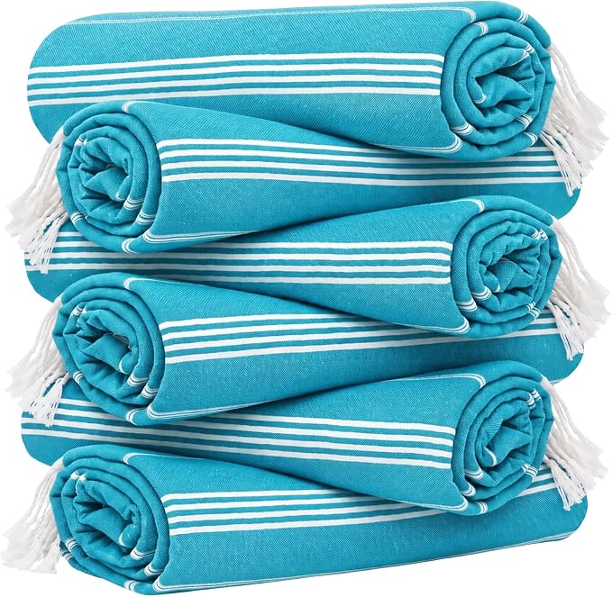 Turkish Beach Towel Set of 6 Oversized 72x40 100% Turkish Cotton | Hammam Peshtemal, Sand Free, Quick-Dry, Absorbent Bath Towel | Lightweight & Compact for Travel, Pool, Gym, Spa - Turquoise