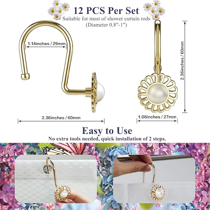Gold Shower Curtain Hooks Rings, Decorative Shower Curtain Hangers, Heavy Duty Metal Shower Rings, Sunflower Shower Hooks for Shower Curtain Rod and Liner, Bathroom Curtain Hooks, Luxury Gold, iToplin | 4mm zinc wire, pearl inlaid sunflower, anti-fall ...