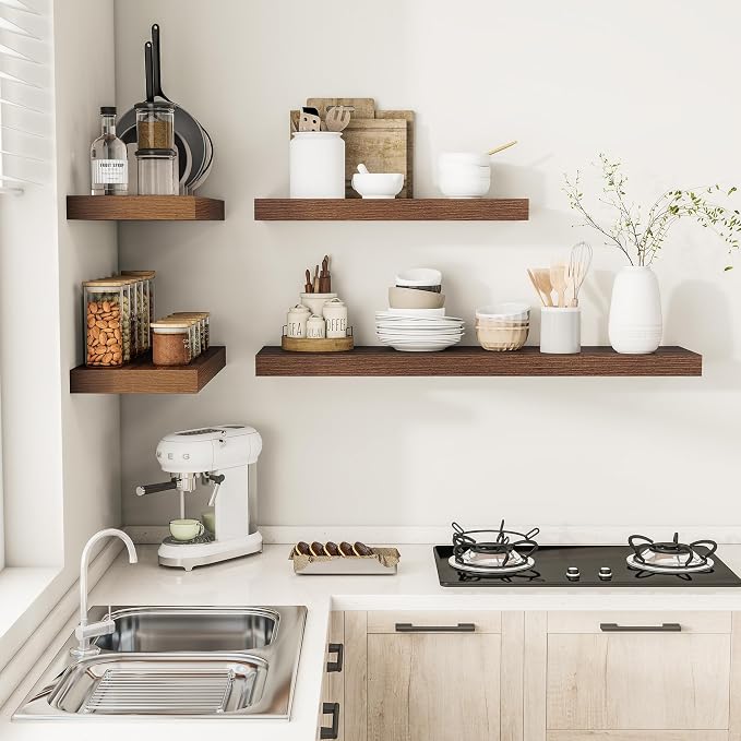 Vivelove 12" Deep Floating Shelves 24x12” Set of 2, Walnut | Easy Install With Hardware, 2" Thick, Invisible Brackets, Wall Mounted, No Sagging, For Any Room