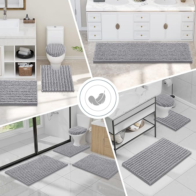 Smiry Bathroom Toilet Rugs U Shaped 24x24, Chenille Bath mats for Toilet | Grey Extra Soft Absorbent Non Slip Rubber Backing Contour Bath Rugs for Toilet, Machine Washable Contoured Bath Mats