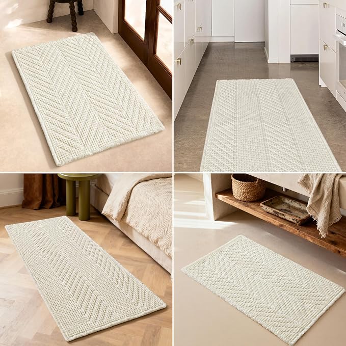 Sunfly Waffle Runner Rug for Bathroom, Long Boho Bath Mat Non-Slip Washable Super Absorbent Quick Dry, Farmhouse Bathroom Decor 24"x72" Cream