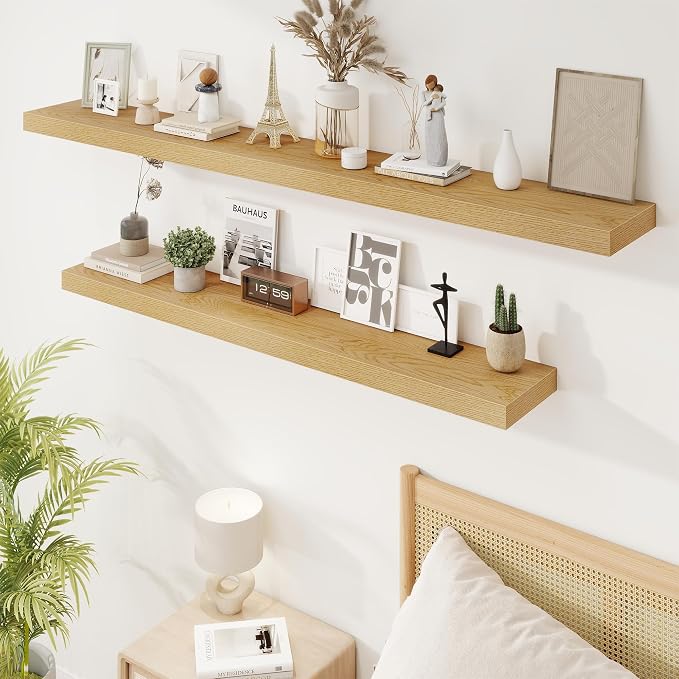 9.25in Depth 55in Floating Shelves, 55"W x 9.25"D x 1.5"H, Oak, 2Pcs | Long Wall Mounted Engineered Wood Shelves for Wall with Invisible Brackets for Living Room, Bedroom, Bathroom, Kitchen