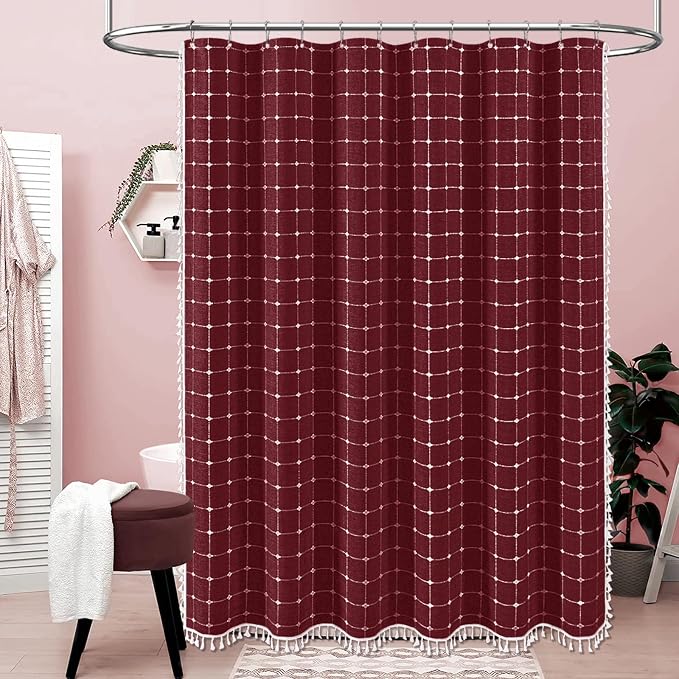 72x78 Boho Farmhouse Linen Heavy Duty Fabric Shower Curtain, Burgundy | Long Size, 330GSM Linen Blend, 3-side Tassels, Water Repellent Cloth, 12 Plastic Hooks, Rustic Bohemian, Machine Washable
