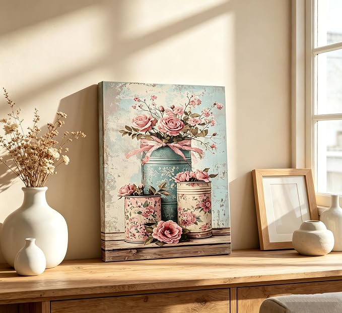 Vintage Pink Rose Flower Canvas Wall Art,Shabby Chic Canvas Print, Farmhouse Bathroom Wall Decor,Retro Blue Pink Flower Rustic Can Vase Painting,for Living Room Bedroom Home Office 16 X 24 In