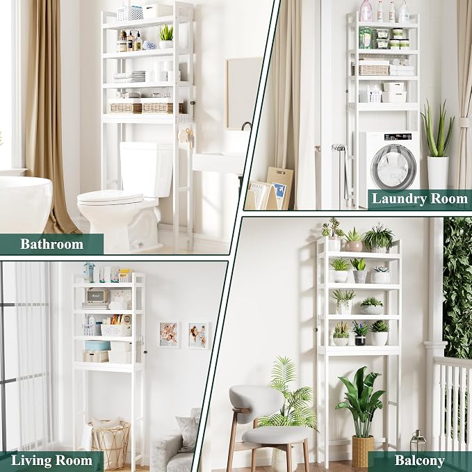 Smiry Bamboo Over The Toilet Storage Cabinet, 4 Tier, White | Wooden Bathroom Organizers with Adjustable Shelf & 4 Hooks, Space Saving Shelf Rack for Bathrooms, Laundry Room, Balcony
