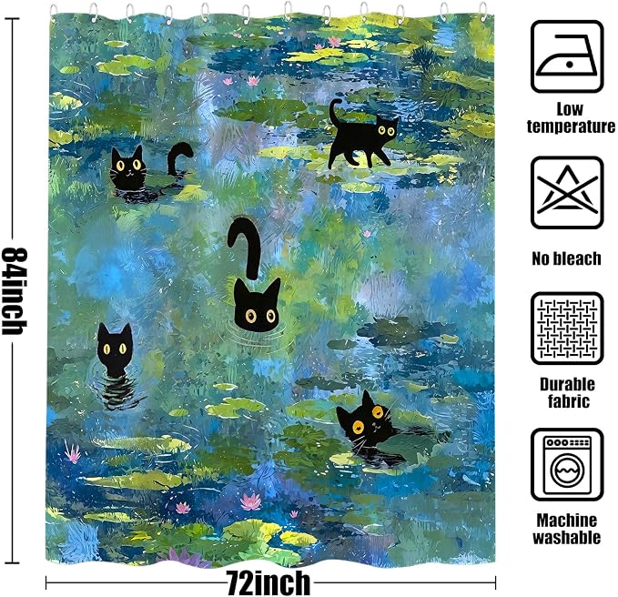 Accnicc Cute Cat Shower Curtain 84 Inch Extra Long Funny Fun Cool Cats Monet Shower Curtains for Bathroom Water Lilies Waterproof Fabric Bath Curtain Decor