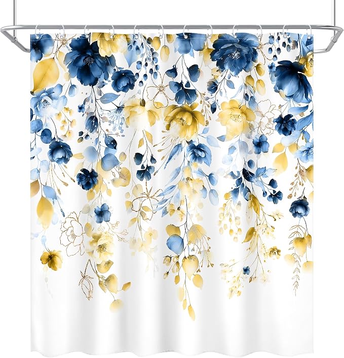 Blue Yellow Floral Watercolor Eucalyptus Leaf Bathroom Shower Curtain Set | 72"W x 72"L Flower Plant look, waterproof HD printed shower curtain, quick-dry fabric and free hooks.