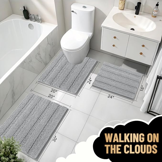 OLANLY Thick Bathroom Runner Rugs 44x24, Chenille Bath Rugs, Light Grey | Absorbent Striped, Rubber Backing, Machine Wash, Long Bath Mats for Bathroom Floor, Tub and Shower, Home Decor Accessories
