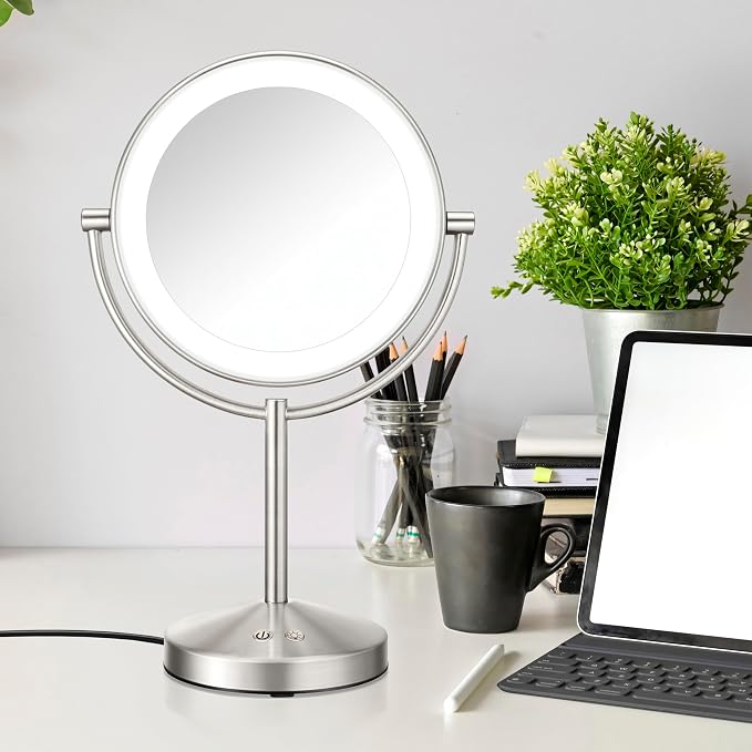 Conair LED Vanity Mirror, Double-Sided, 10x Maginification, Satin Nickel | Lighted makeup mirror with 3 color modes, 360° rotation, a satin nickel finish, a 5-foot power cord, and an 8.5" mirror