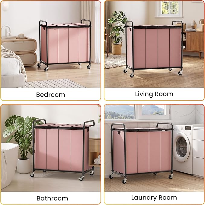 Laundry Sorter 4 Sections 48 Gal, Rolling Laundry Basket with Wheels & Lid | Laundry Hamper, 4 Separated Removable Bags, Lockable Wheels, Dirty Clothes Hamper for Laundry Room Organizer, Pink