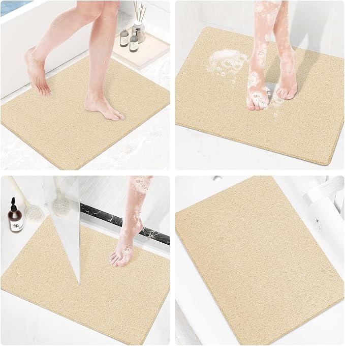 SoftDuo Shower Mat Bathtub Mat Non-Slip Soft Tub Mat | 32x24 inch,PVC Loofah Bath Mat with Drain for Tub and Bathroom,Quick Drying,Khaki