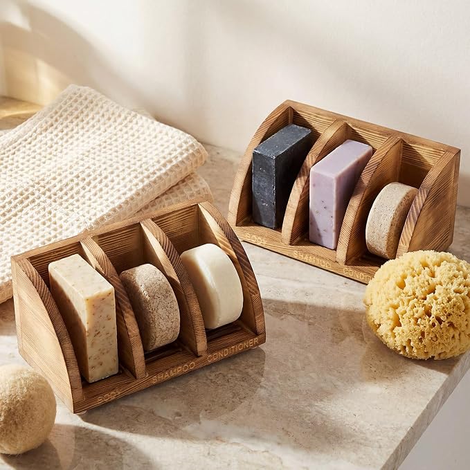 Wooden Shampoo Bar Holder Multi Bar Soap Dish with Self Draining, 3 Slot, Natural Wood Soap Holder for Shower Conditioner Bathroom Organizer, Extend Shampoo Life, Keep Dry Neat