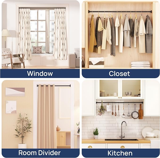 ENJOYBASICS 1" Black Shower Curtain Rod, 30-88" Adjustable, Secure Tension | Easy No-Drill Installation, No Tools, No Gaps, Sturdy Rust-Resistant Steel, Sag-Resistant Design, Tubs, RVs, Apartments