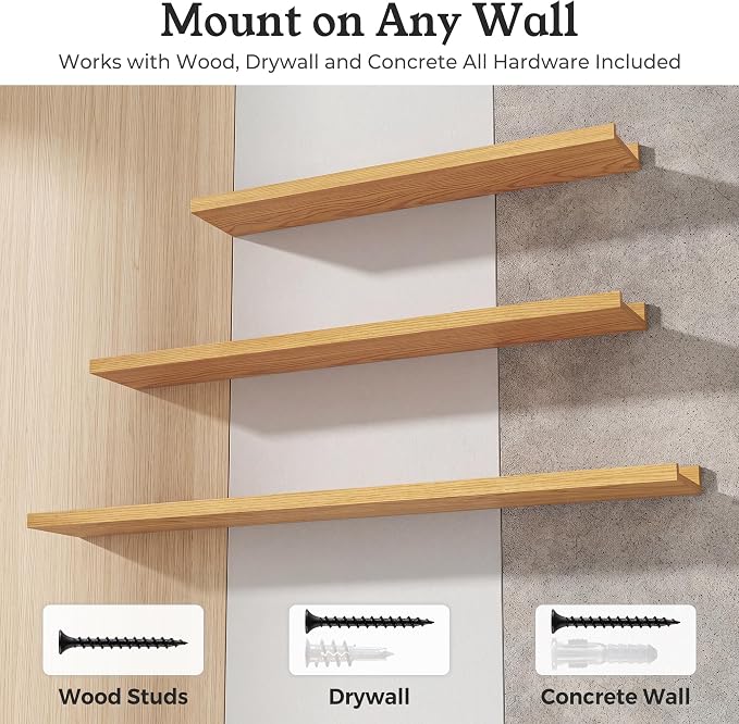 Oak Picture Ledge Shelves for Wall, 4.5" Deep Wood Floating Shelves with Lip for Bedroom, Living Room, 30" Width, Color Oak Set of 2