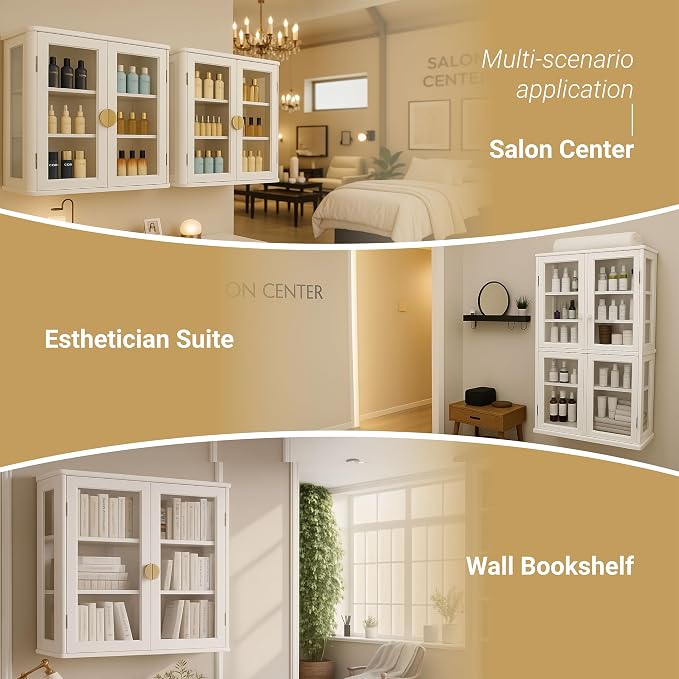 FIMELLO 28’’W Wall Cabinet with Tempered Glass Doors, Bathroom Cabinet Wall Mount, Kitchen Wall Cabinet, Floating Cabinet for Bathroom, Wall Mount Salon Station for Barber, Beauty, White