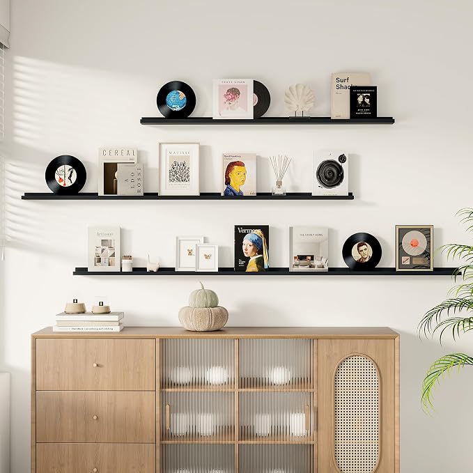 Fun Memories Picture Ledge Shelf, 40 Inch Floating Shelves Set of 2, Large Nursery Book Shelves for Toys Storage, Kids Bookshelf Wall Mounted for Wall Decor Books Photo Frames, Black