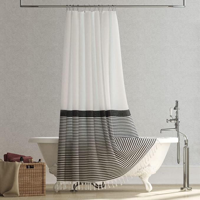 Stall Fabric Shower Curtain - Modern Farmhouse Black and White Striped Cloth Shower Curtain with Boho Tassels, Small Hotel Luxury Bathroom Shower Curtain Set with 6 Hooks - W36 X H72