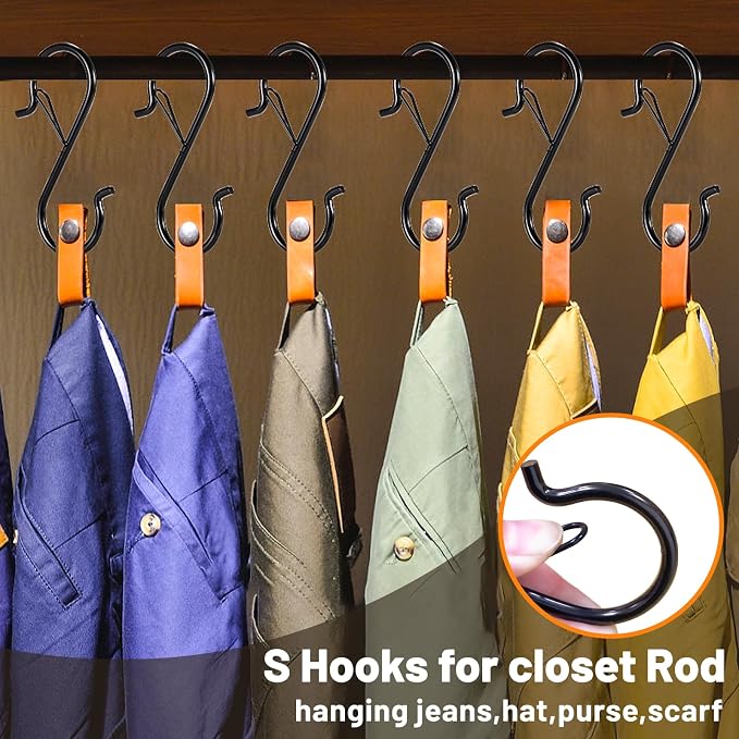 12 PCS S Hooks for Hanging with Safety Buckle, Heavy Duty Metal S Hooks | 3.5 inch S Shaped Hanger Hooks for Hanging Kitchen Utensil, Cups Pots Pan Closet Plants Purse Bags Hats (Black)