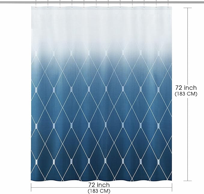 Navy Blue Shower Curtain Blue and White Geometric Ombre Waffle Fabric Bath Curtain Set with Hooks for Men and Home Spa Luxury Hotel Bathroom 72x72 Inch