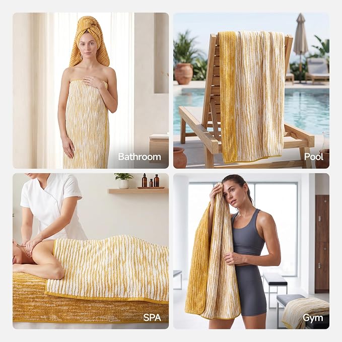 REDKISS 2 Pack Yellow Bath Towels Set, 100% Cotton Double-Sided Design | Ultra Soft, Super Absorbent, Quick Dry Bathroom Towels for Bathroom, Gym, Spa, Pool, Hotel & Family Use, 29 x 59 Inches