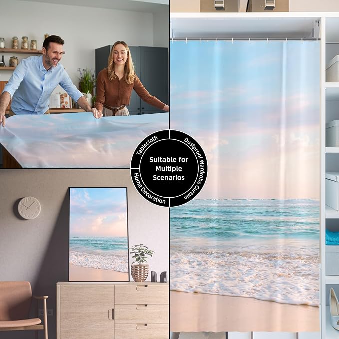 Ocean Beach Coastal Seaside Shower Curtain for Bathroom 72W*72H Inch Nautical Summer Seacoast Beachy Waves Bathtub Decor Seascape Neutral Waterproof Polyester Fabric Set with 12 Hooks