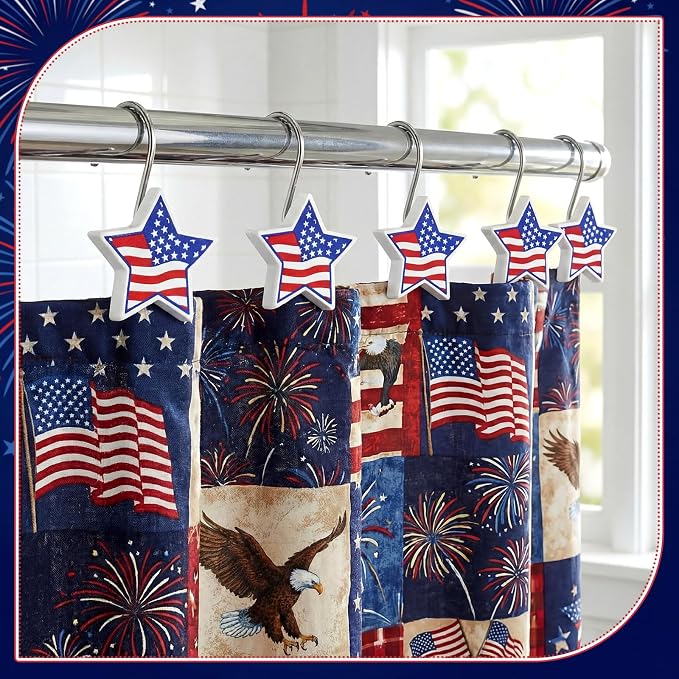 Yaocom 12 Pcs Patriotic Star Shower Curtain Hooks, 4th of July | American Flag Resin Hooks, Rings for Independence Day Bathroom Decor, Fits Standard Shower Rods, 250th Anniversary USA