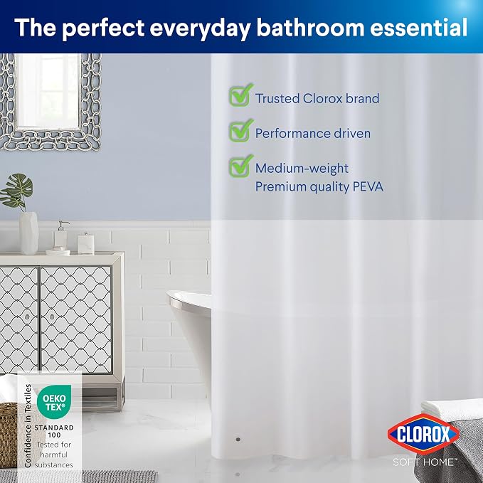 Clorox Shower Curtain Liner, Premium Medium-Weight Durable Waterproof 6g PEVA for Bathroom with Weighted Magnets, Standard Size 72" x 72", Frosty 1 Pack