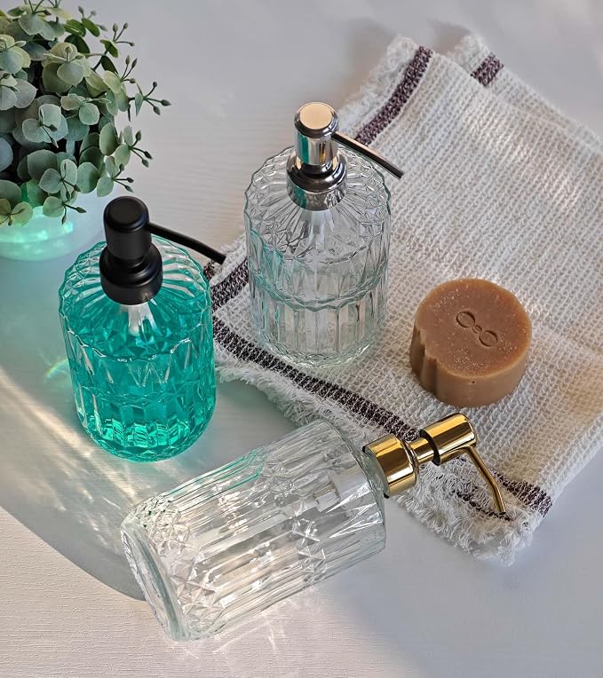 JASAI 18Oz Dazzling Clear Glass Soap Dispenser with Gold Pump for Bathroom | Refillable Kitchen soap Dispenser for Dish Soap, Bathroom Soap Dispenser for Hand Soap, Lotion, Liquid Soap.