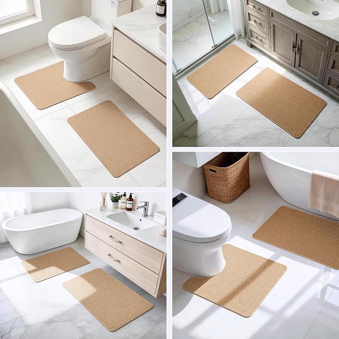 Bathroom Rugs Sets 2 Piece, Thin Bath Mat Absorbent Quick Dry, Machine Washable, Rubber Backing for Non Slip, Low Pile Cozy Cloth Bathroom Rug Set for Tub/Sink/Shower (27"x17" & 30"x19", Khaki)
